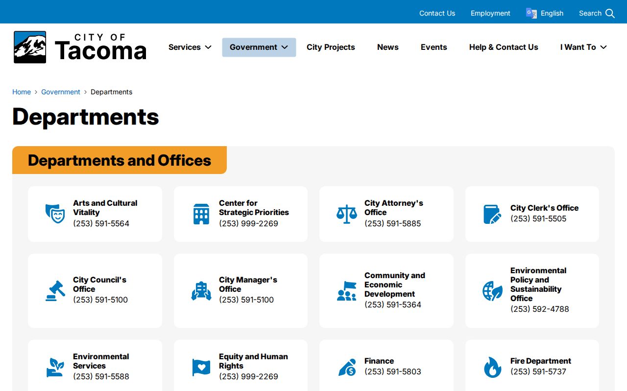 Pierce County directory on the City of Tacoma departments page