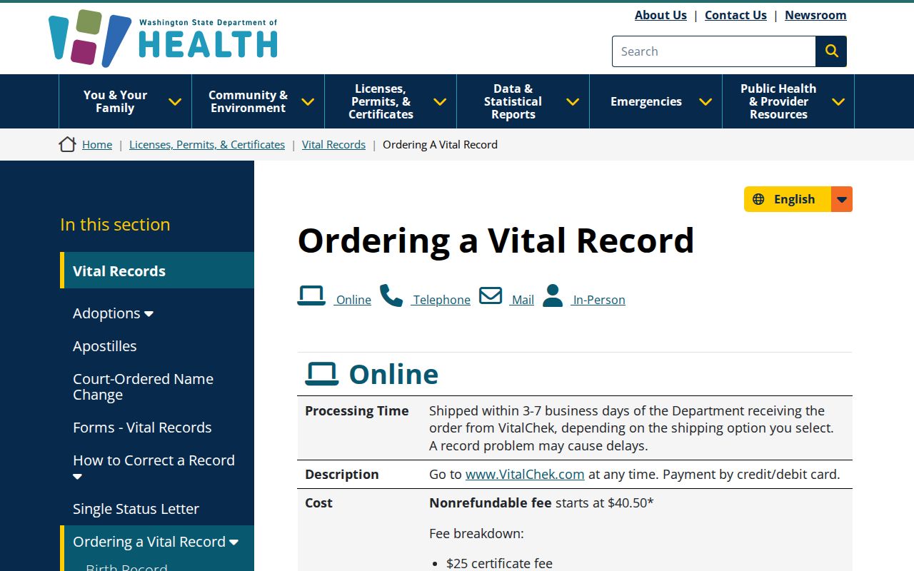 Pierce County public records vital certificate ordering page